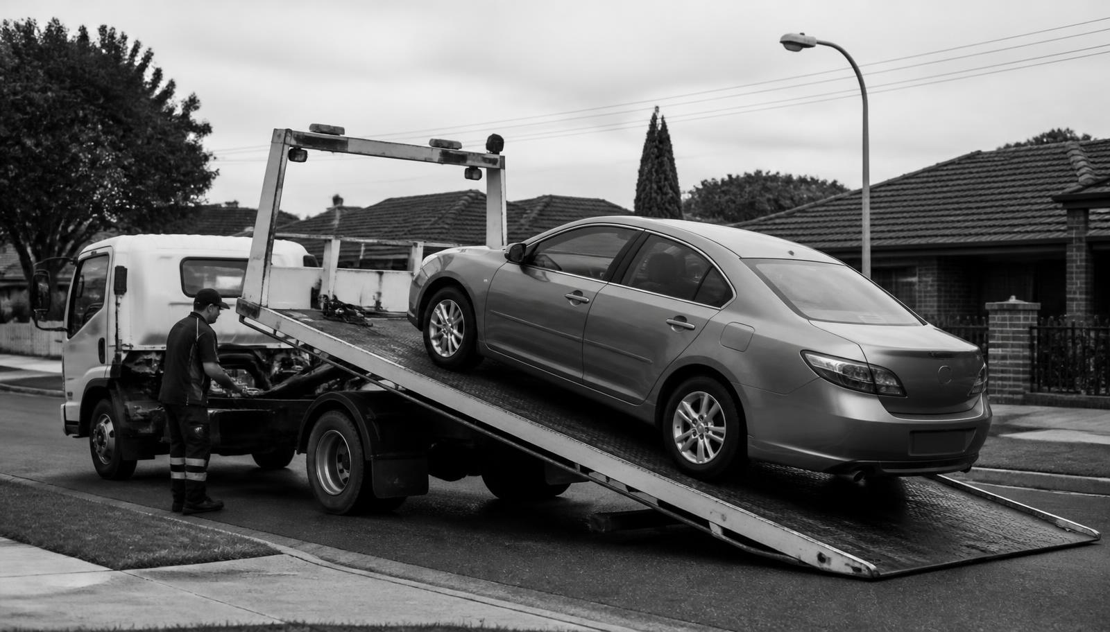 Tow truck loading a sedan for pickup on a suburban street
